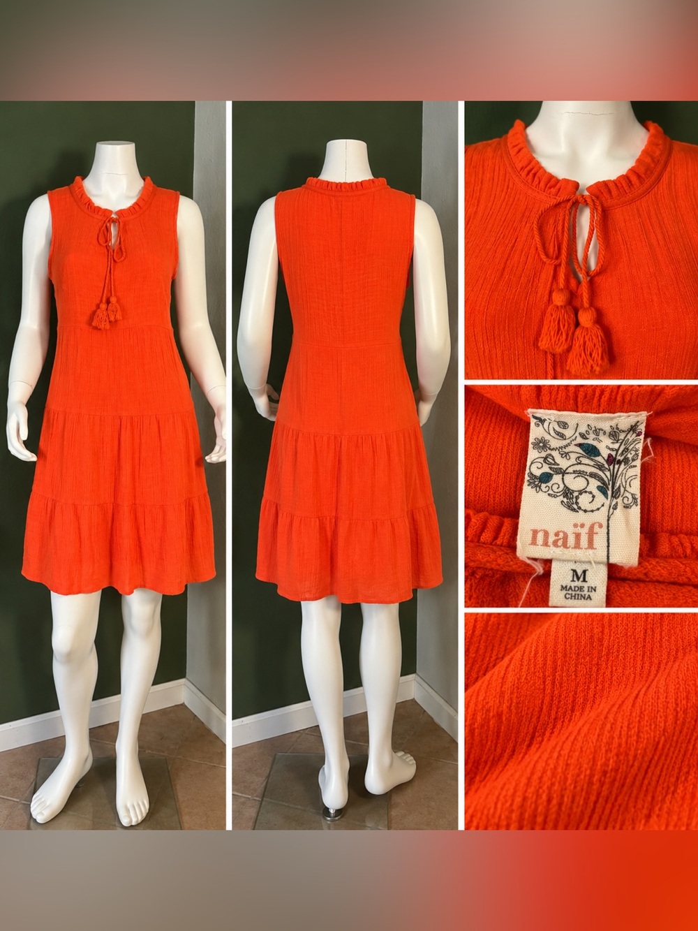 NAIF Bright Orange Sleeveless Tassel Tie Mini Dress